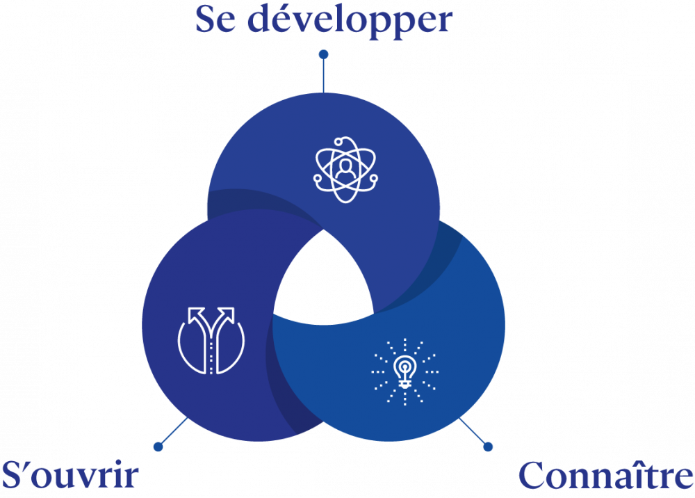 Schéma du cycle des hautes etudes en trois parties interconnectées : se développer, connaitre et s'ouvrir